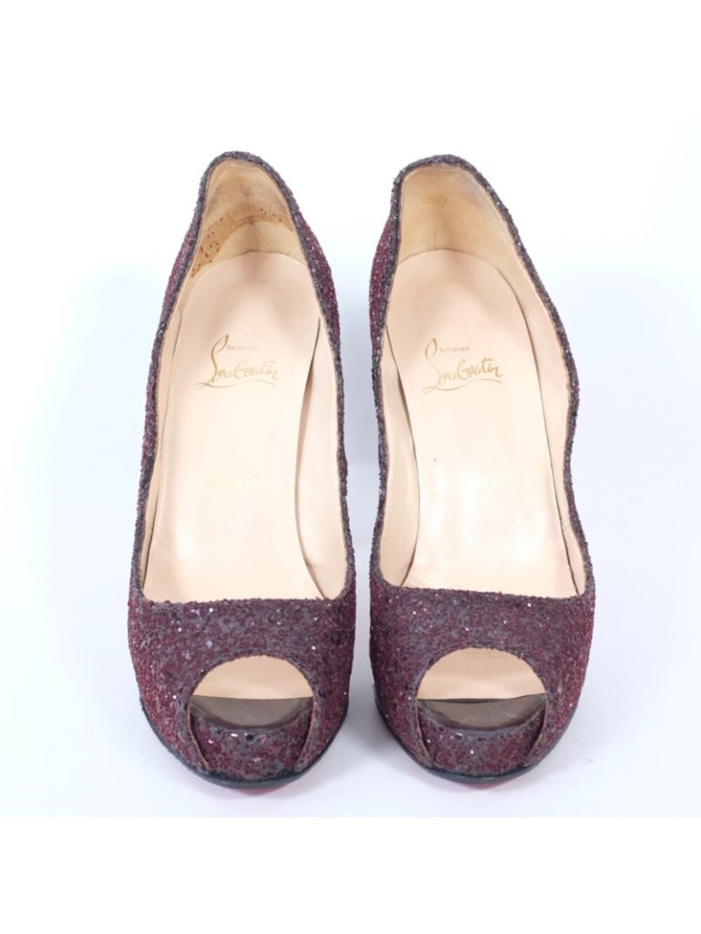 Christian Louboutin 37.5 US 7.5 Shoes Pumps Open Toe Platform Glitter Wine - Picture 3 of 8